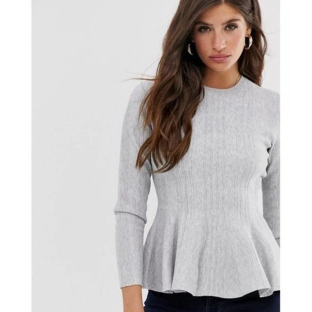 Ted Baker ROSIIEY GREY Ribbed Peplum‎ Sweater Top TED4 WOMEN 12 JUMPER STRETCH